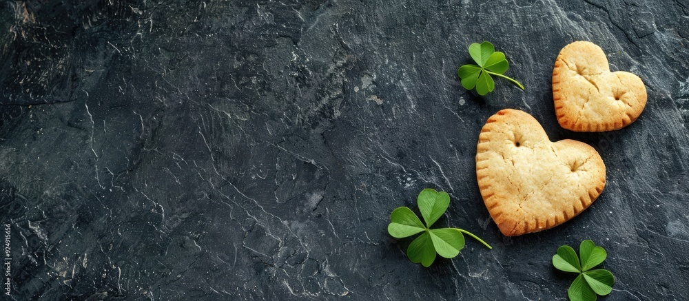 Fototapete heart shaped cookies on a black stone background with a love concept symbol created in a four leaf c