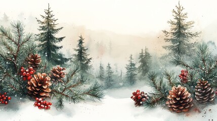 Pine branches with cones framing snowy forest landscape
