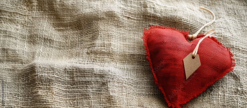 Poster handmade red cloth heart on vintage linen fabric with tag label perfect for valentine s day ideal fo