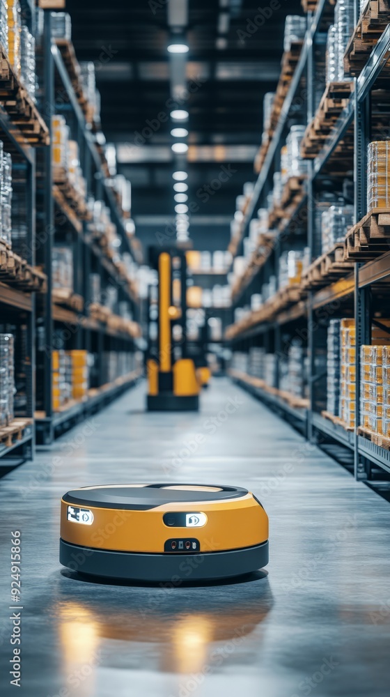 Aufkleber automated robots navigating a modern warehouse with organized shelves, exemplifying cutting-edge log