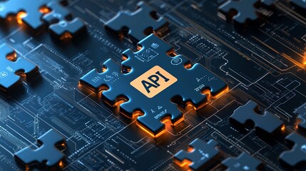 glowing puzzle piece labeled API oncircuit board background, symbolizing technology and connectivity. 