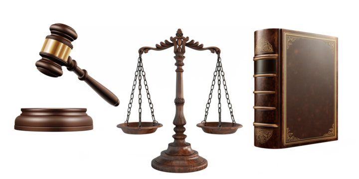 Set of Court attributes on white background. Judge gavel scales of justice and book of laws. Isolated images.