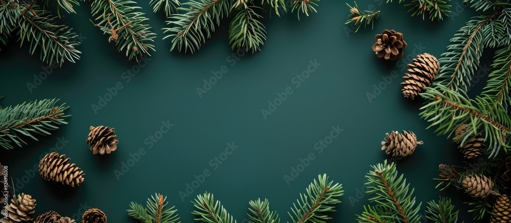 Aufkleber green christmas background with spruce branches cones and copy space image for text arranged flatly