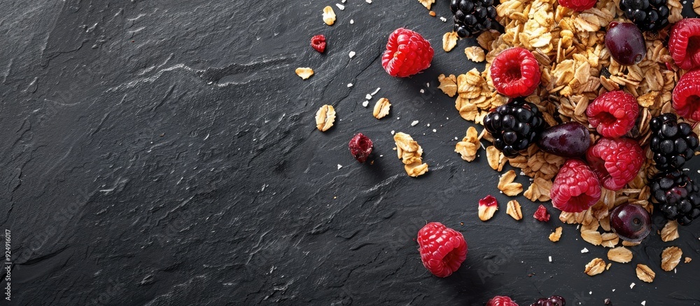 Poster fresh granola oatmeal with blackberries and raspberries beautifully arranged on a black slate backgr