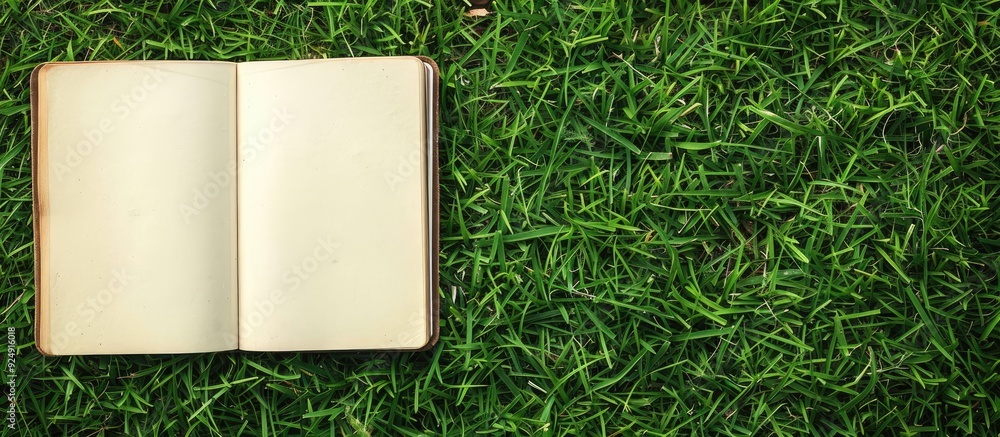 Poster top view of a notebook or sketchbook mockup laid on green grass background providing copy space for 