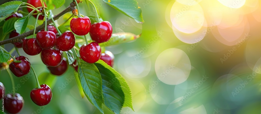 Aufkleber Sweet cherry fruit ripens on a tree branch in the garden during summer The background features a blurred green bokeh effect and shallow depth of field offering a copy space image