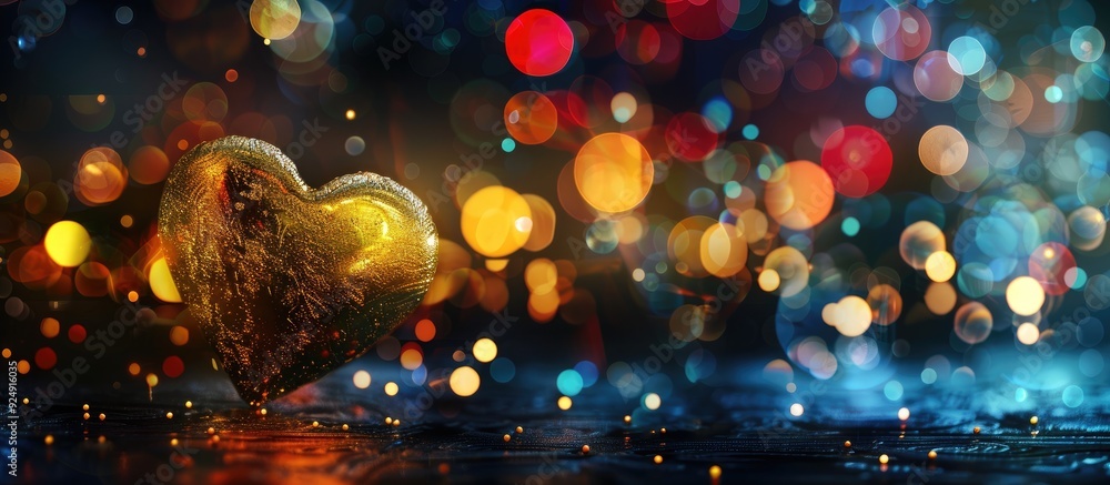 Poster heart shaped yellow gold on black background with colorful lighting bokeh ideal for evening decorati