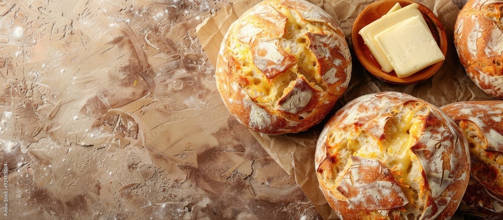 Aufkleber freshly baked cheese bread accompanied by butter displayed in a copy space image