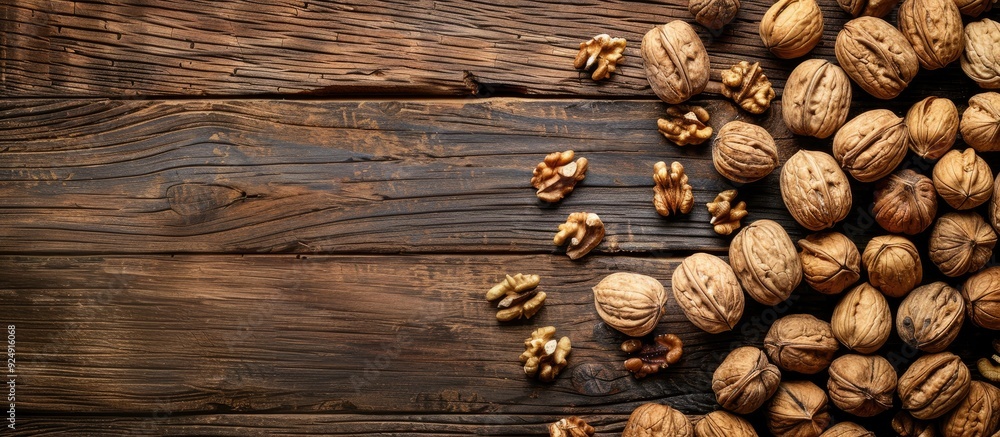 Aufkleber Top view of walnuts arranged on a rustic wooden table creating a visually appealing copy space image