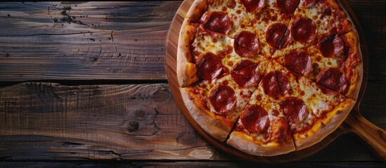 Pizza on the table seen from above providing a clear copy space image