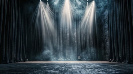 A dramatic stage background with dark curtains, spotlight beams, and a sense of anticipation and excitement, setting the perfect scene for a theatrical performance or event