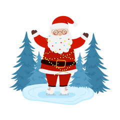 Santa Claus on ice skates and garland with Christmas tree in flat style. Vector illustration for holiday designs of banner, cover, advertisement, greeting card. Concept of Christmas and New Year