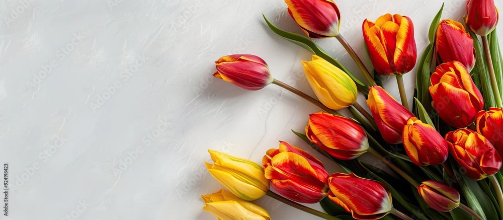 Leinwandbilder red and yellow tulip bouquet on a white table top view suitable for mock up designs with copy space 