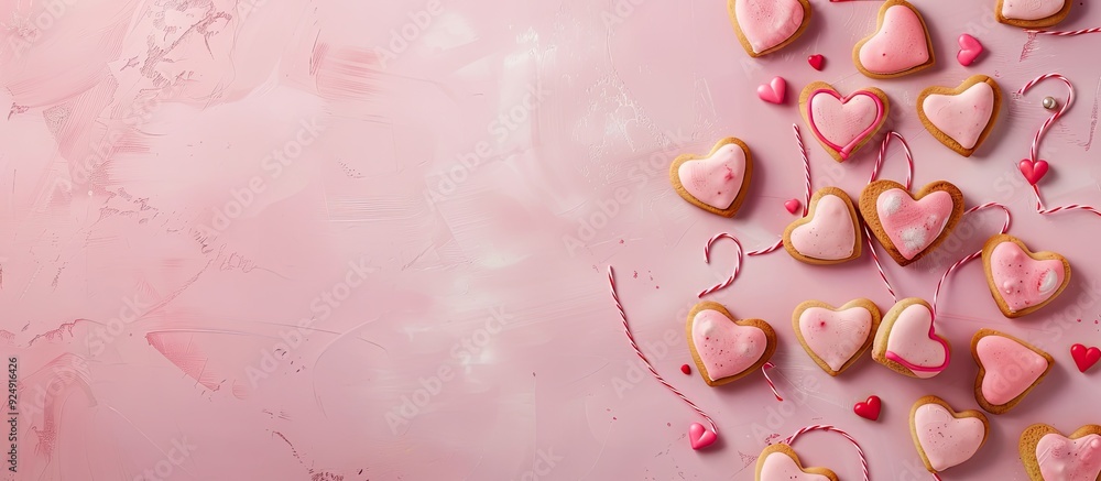 Aufkleber valentine s theme with heart shaped cookies on a pink surface displayed as a flat lay with copy spac