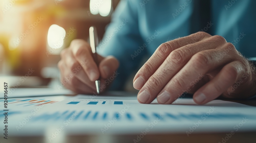 Poster evaluating financial performance: close-up of hands analyzing statistical graphs and charts in a sof