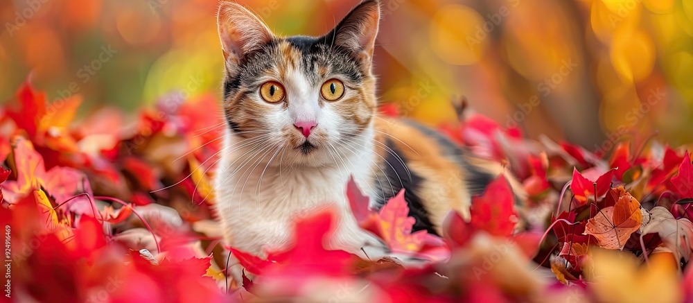 Poster a stunning cat with three colors and yellow eyes sitting near vibrant red autumn flowers in the park