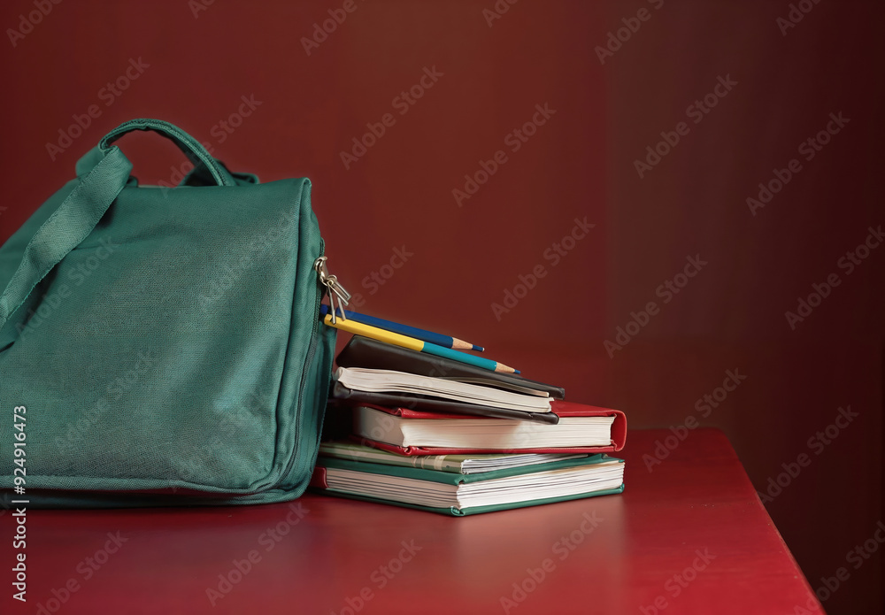 Aufkleber green backpack on a stack of books and pencils on a red desk with a red background, perfect for back