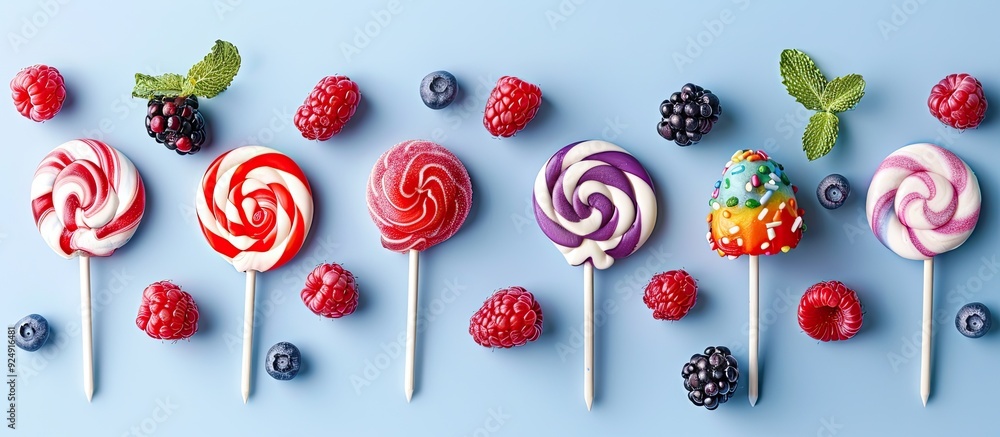 Aufkleber a flat lay featuring sweet and colorful lollipops adorned with berries placed on a light blue backdr