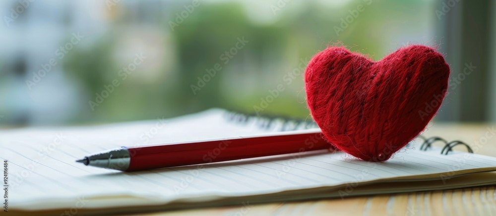 Poster valentine s day theme with a red heart in an office or school setting on a white paper with handwrit
