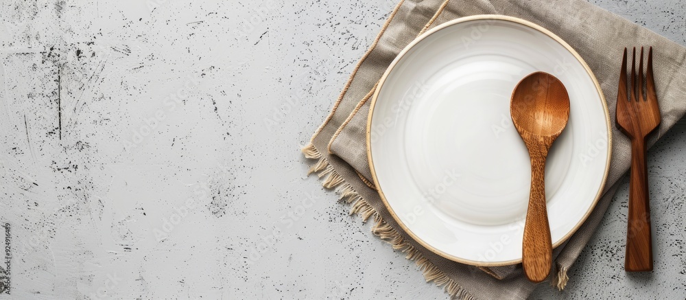 Leinwandbilder rustic vintage dining set with a wooden spoon fork and white plate on a napkin made from water hyaci