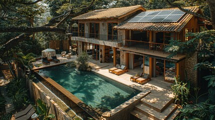 Solar Cells in an Eco-Friendly Resort: Solar cells powering a luxurious eco-friendly resort, with guests enjoying sustainable amenities.