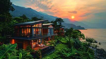 Solar Cells in an Eco-Friendly Resort: Solar cells powering a luxurious eco-friendly resort, with guests enjoying sustainable amenities.