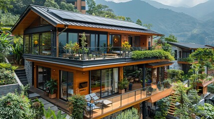 Fototapeta premium Solar Cells in an Eco-Friendly Resort: Solar cells powering a luxurious eco-friendly resort, with guests enjoying sustainable amenities.