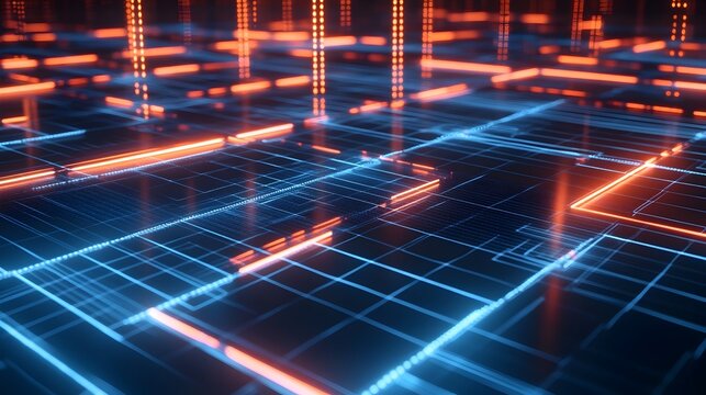 Futuristic Digital Grid Backdrop with Glowing Lines for Tech Conference or Sci Fi Event