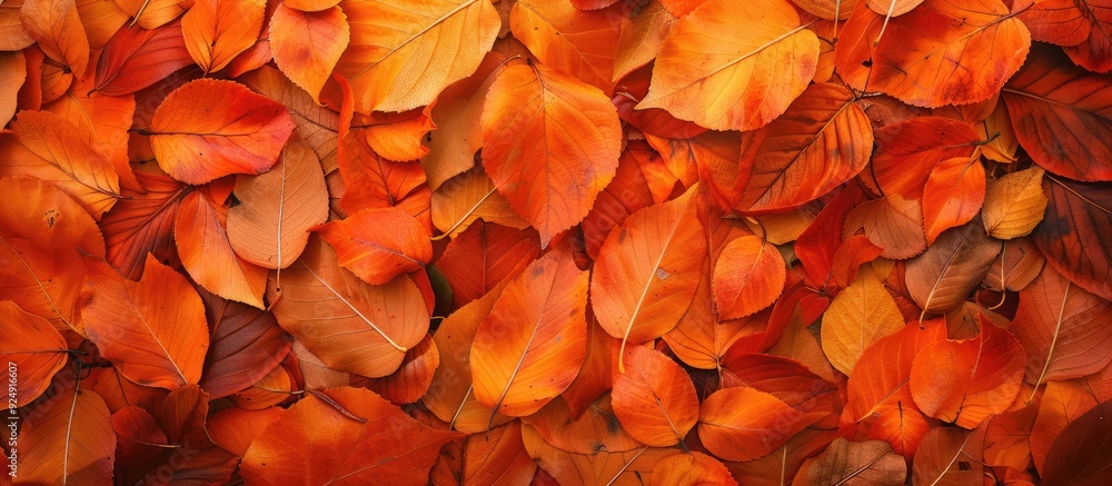 Fototapete Top view of a stunning fall leaf arrangement with orange leaves as a backdrop allowing room for text or images creating a picturesque copy space image