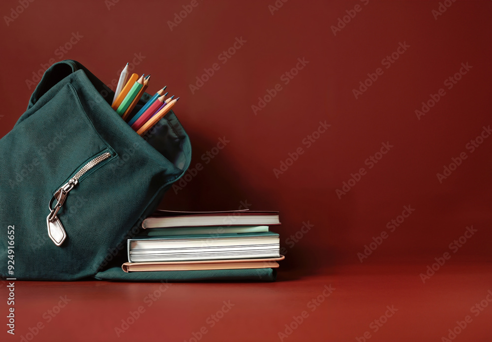 Aufkleber green backpack with colorful pencils and notebooks on a red background with copy space, perfect for 