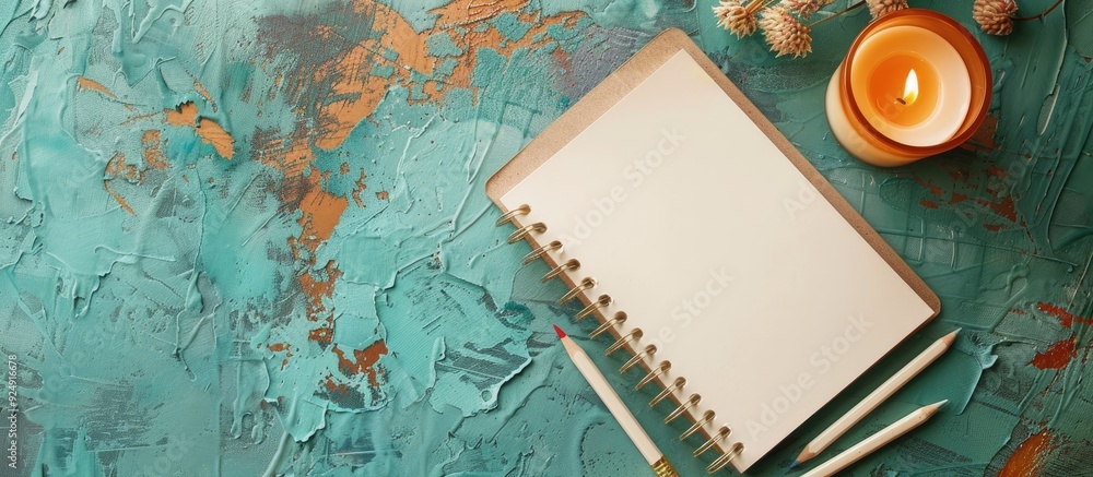 Poster Top down view on a turquoise textured background with blank notepaper wax pencils and a candle offering ample space for text