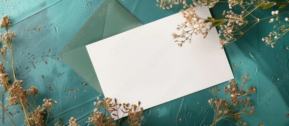 Poster Mockup featuring a white card a craft envelope and a dry flowering plant on a green surface viewed from above with space for adding images or text. Creative banner. Copyspace image
