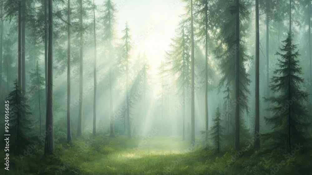 Poster a forest with trees and sunlight shining through the trees