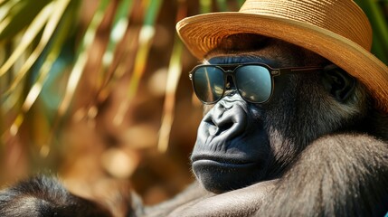 Relaxing gorilla with sun hat and sunglasses on beach.