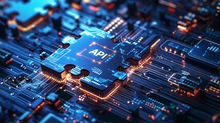 close up view ofcircuit board featuringpuzzle piece labeled API, symbolizing technology and connectivity.image conveyssense of innovation and complexity. 
