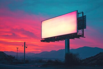 A Blank Billboard at Sunset Over Mountains and Town