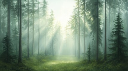 A forest with trees and sunlight shining through the trees