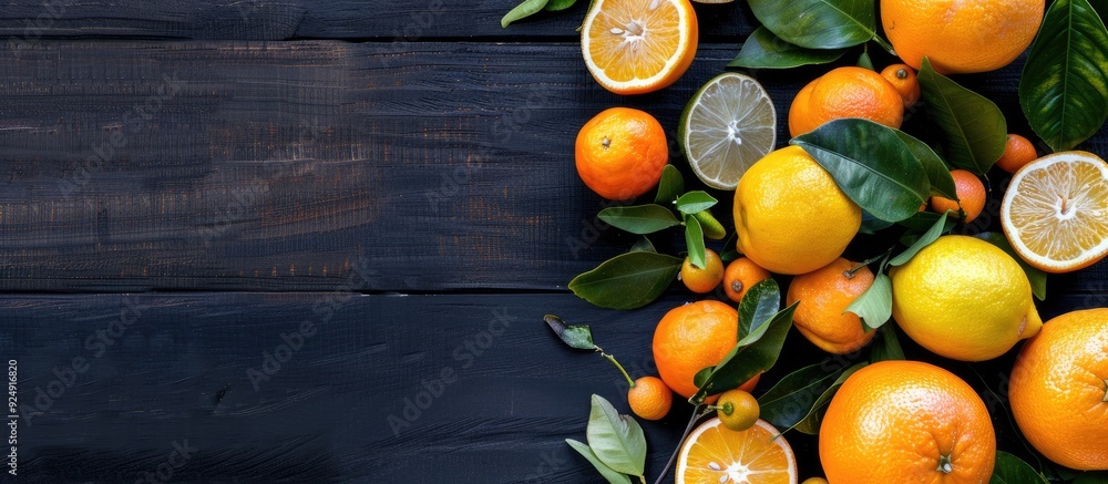 Aufkleber fruits like lemons and tangerines arranged on a black wooden table as a backdrop for a copy space im