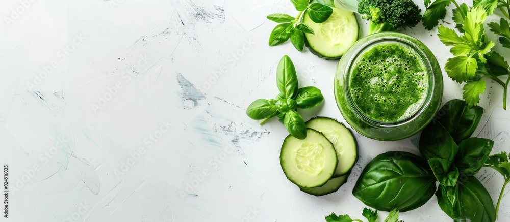 Poster fresh green vegetable smoothie in a glass jar on a white backdrop with copy space image