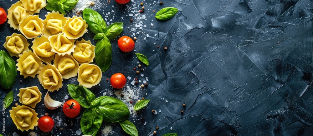 Poster menu featuring tortellini filled with a food background viewed from the top with copy space image