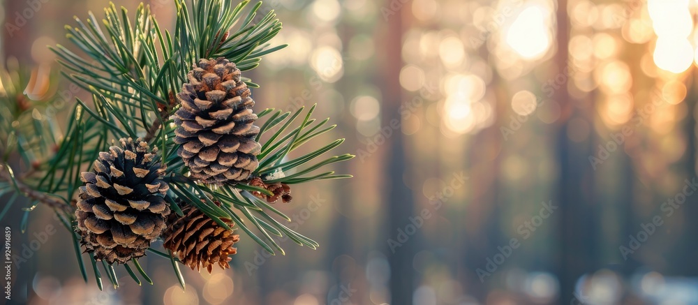 Poster selective focus on a pine branch with cones set against a blurred tree forest background creating a 