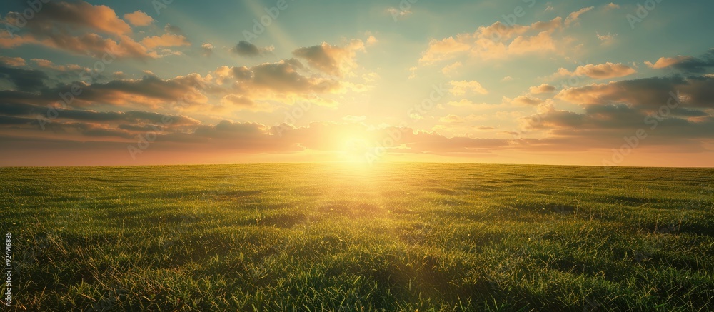 Aufkleber a banner on a green lawn is showcased in a studio shot with a rising sun against a backdrop of a war
