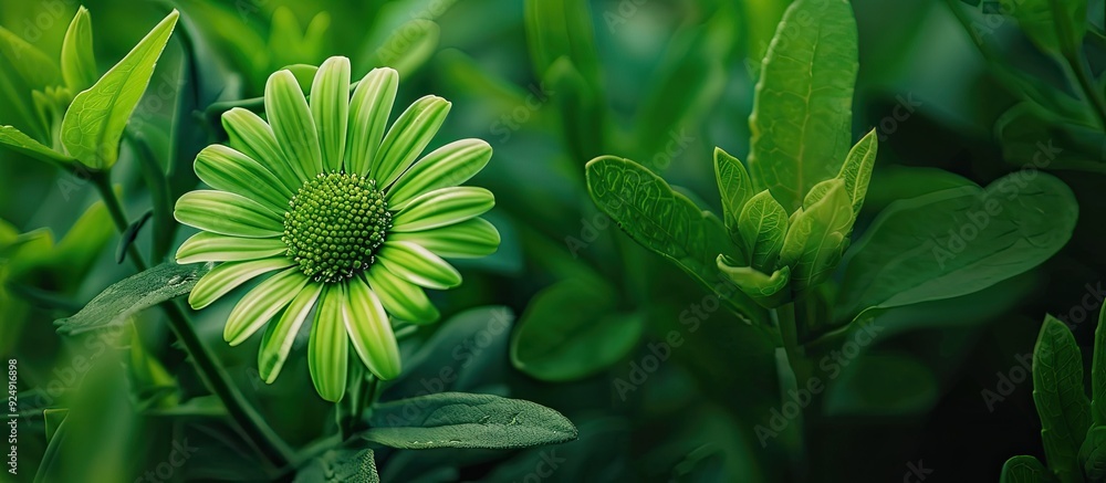 Poster a green daisy flower in a nature image with a blank area for text. creative banner. copyspace image