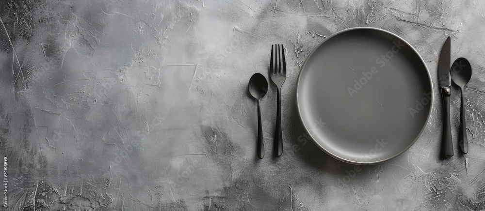 Leinwandbilder an empty gray plate and cutlery on a gray concrete surface viewed from above with ample copy space i