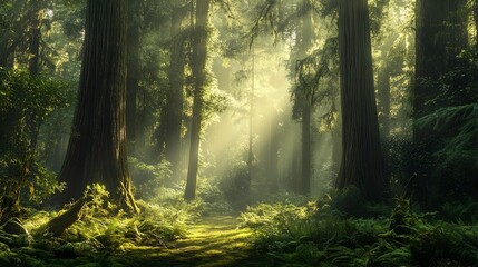 Obraz premium Lush Forest Backdrop with Towering Trees and Dappled Sunlight Perfect for Outdoor Adventure and Nature Events