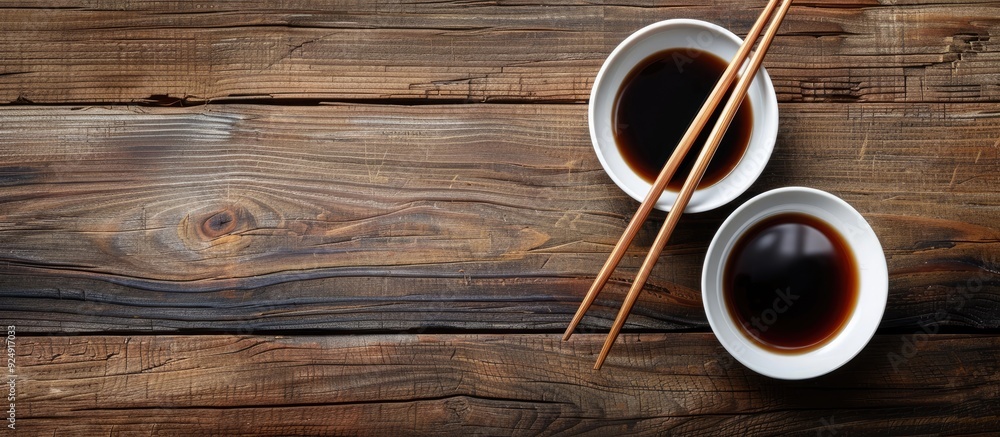 Aufkleber a wooden table background with chopsticks soy sauce and copy space image