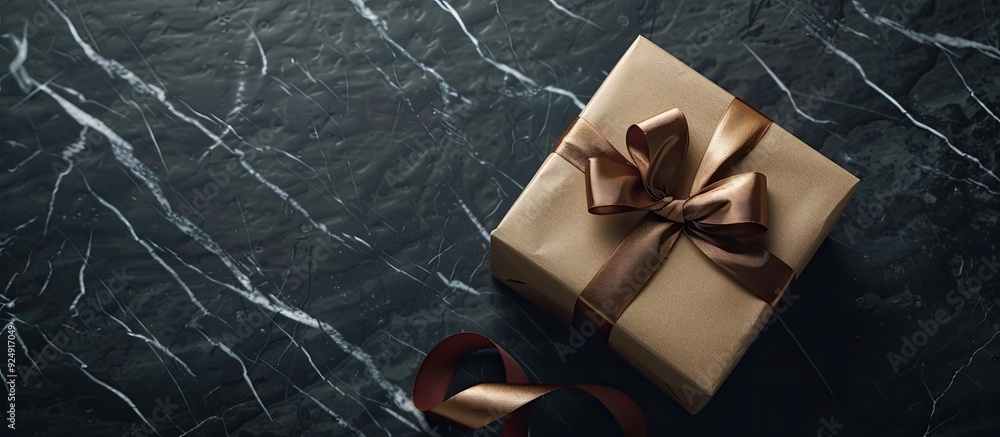Poster Top view of a gift box placed on a black marble surface with empty space for text or images in the background. Creative banner. Copyspace image