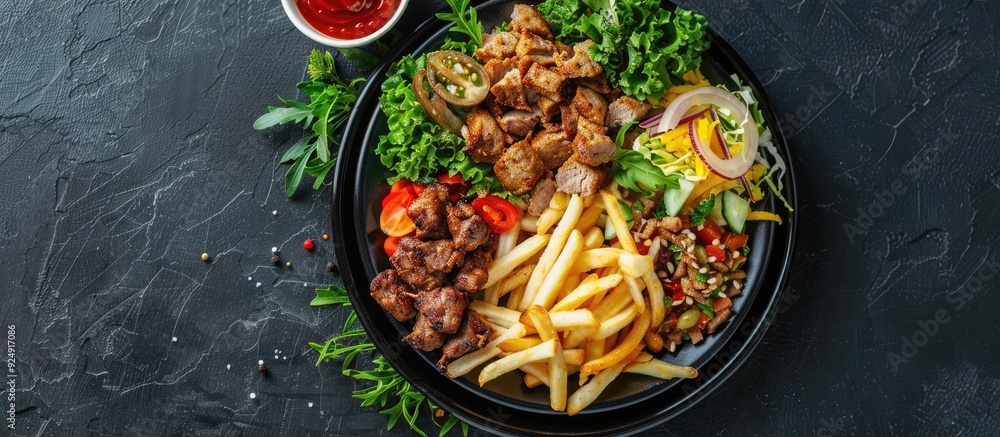 Poster a plate with shawarma doner kebab french fries and salad against a black background in a top view pr