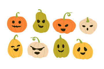 Colourful Halloweens pumkins set in orange, green, white and yellow colors. Vector illustrations for monsters party.