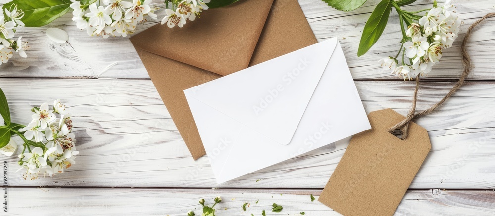 Poster White wooden background showcasing an envelope with a blank card tag and flowers creating a harmonious copy space image